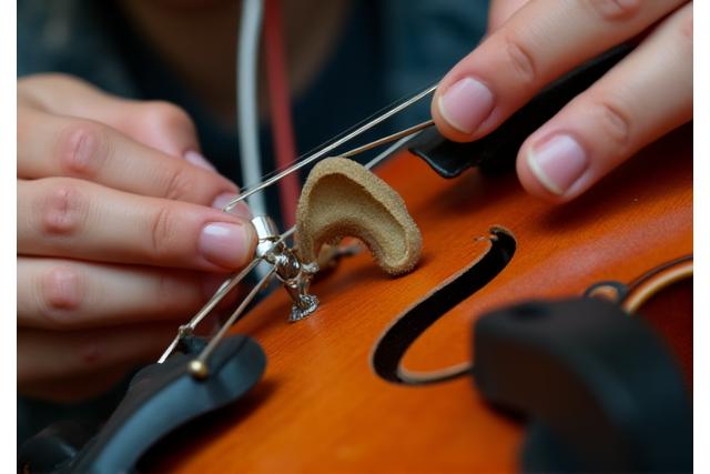 Detailaufnahme der Restaurierung einer Violine, Hand des Restaurators mit Werkzeug