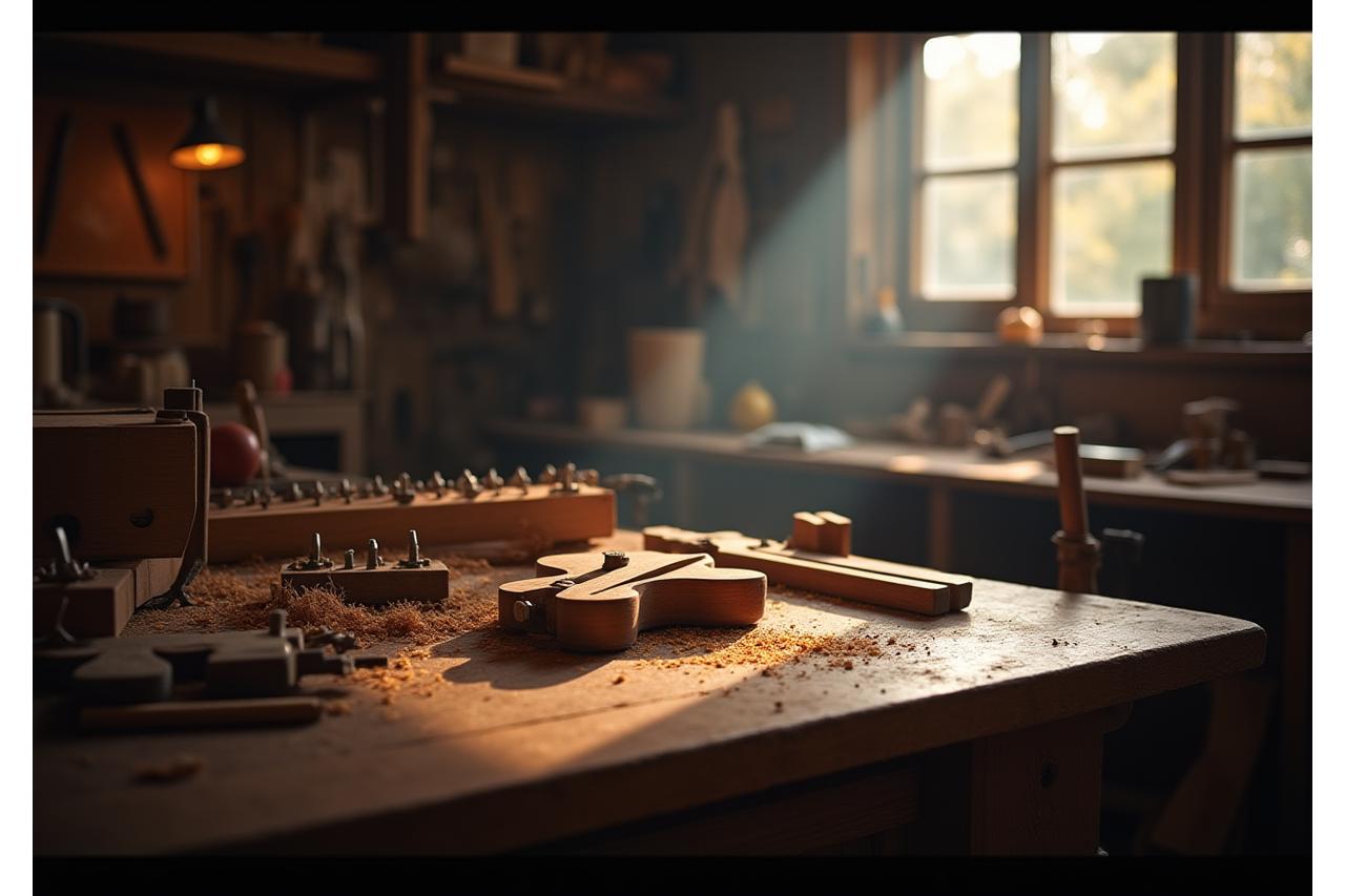 Werkstatt eines Instrumentenbauers mit detailreichen Holzbearbeitungswerkzeugen und Instrumententeilen