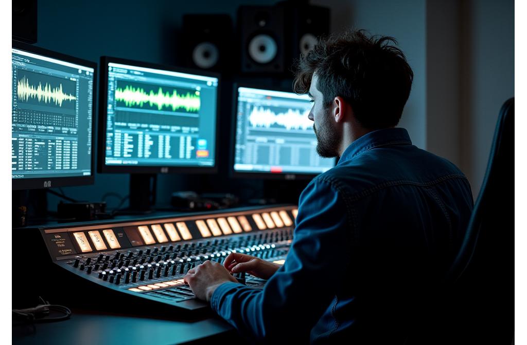 Tontechniker beim Mastering an einem Mischpult mit Bildschirmen