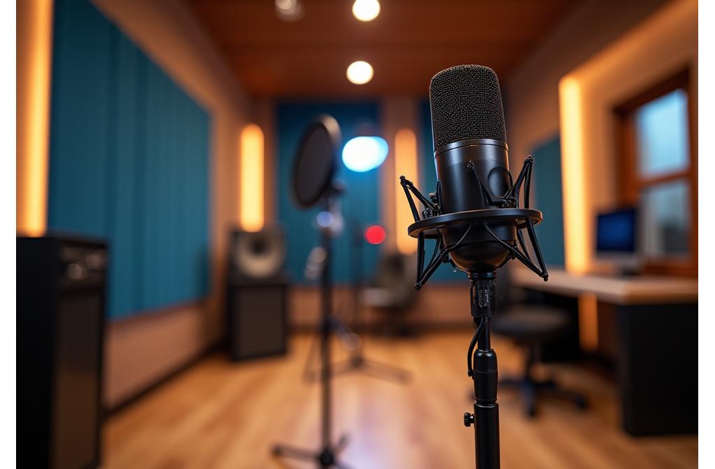 Professionelles Aufnahmestudio mit Mikrofonen und Akustikpaneelen