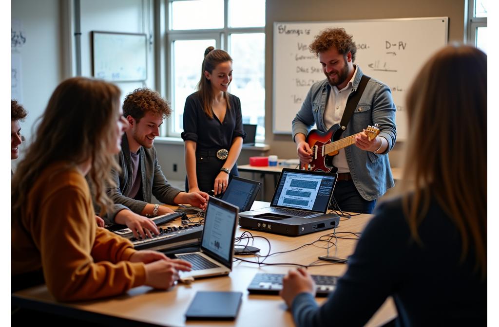 Gruppe von Teilnehmern in einem Musikworkshop mit Musikinstrumenten und Laptops